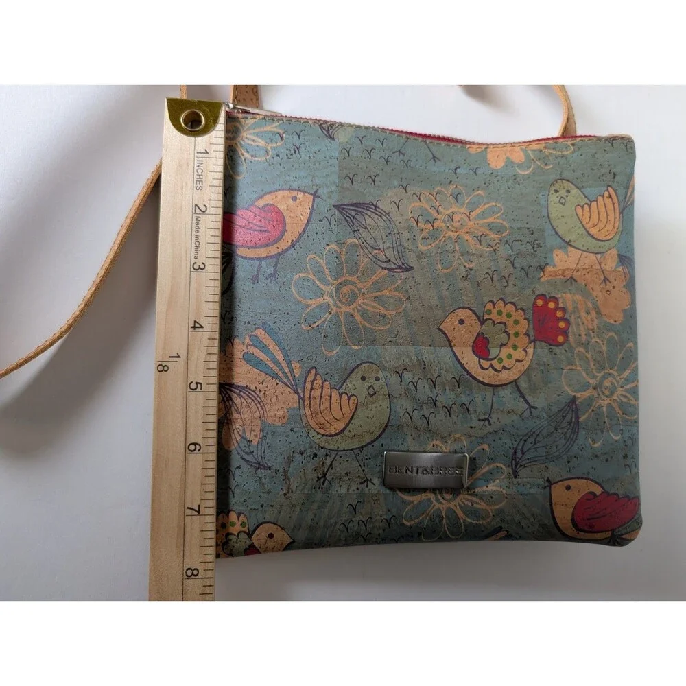 Bent & Bree Ivy Cork Crossbody Bag Eco Friendly Vegan Bird Print Purse Green